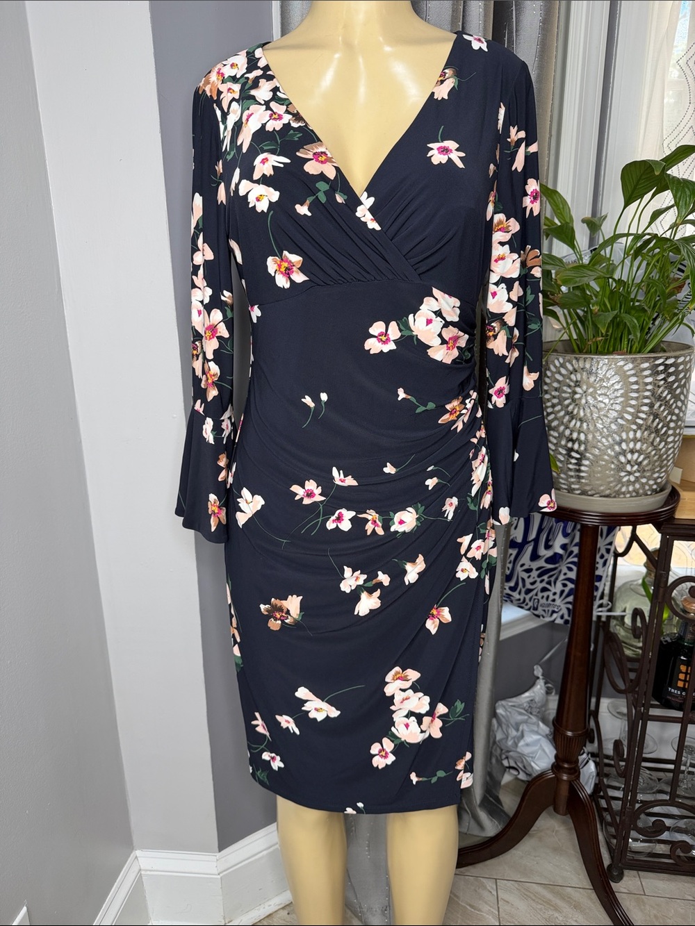Lauren Ralph Lauren Women’s Sz 8 Navy Floral Faux-Wrap Midi Dress NWT